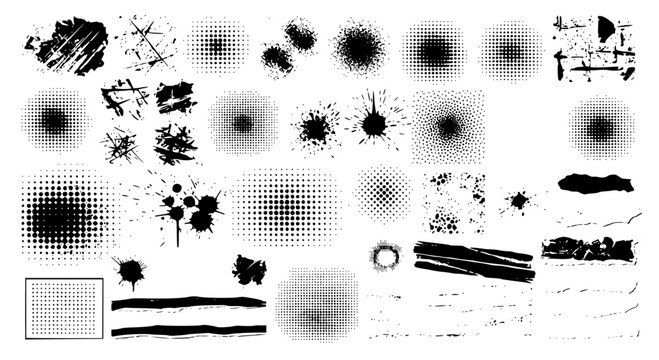 Splatter effects set with various black textures and stains designs featuring grunge, abstract, white with design