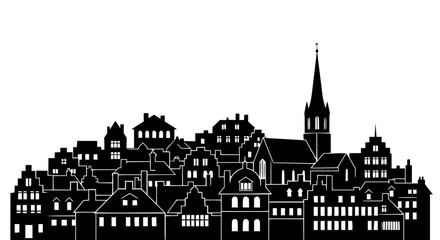 Obraz premium Village silhouette with church spire and residential buildings featuring town, architecture, black with white and