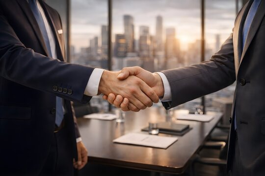 Business Negotiation Success Handshake in Executive Office, Corporate Deal Closure and Professional Partnership Agreement Concept