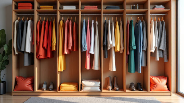 Open wardrobe with clothes arranged in flawless color gradient symmetry transforming daily routine into exaggerated balanced interior order