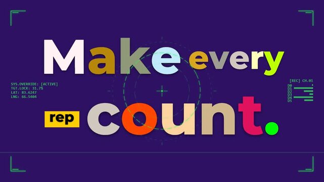 Vibrant animated text Make every rep count on digital interface background A gym motivation quote for fitness