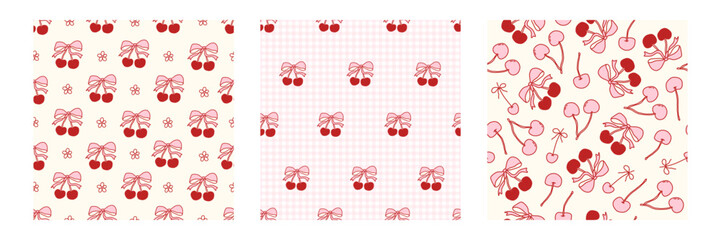 Coquette seamless pattern set featuring charming cherry and bow motifs in soft pink and red tones, with playful details like flowers and checkered backgrounds. Perfect for feminine, trendy designs.