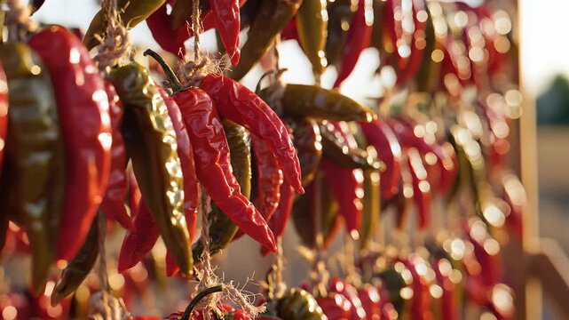 Close up of chili peppers hanging in sunlight