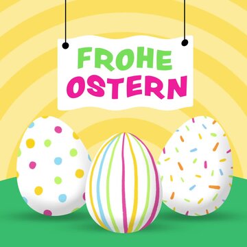 Cartoon Animation of Three Doodle Painted Easter Eggs on Green Ground with German Happy Easter Text (Frohe Ostern) in Wavy Banner on Radial Striped Yellow Background - 4K Square Seamless Loop Video