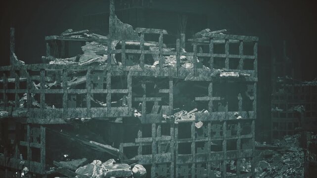 Storm battered concrete skeleton surrounded by debris, broken facades and standing water, cold muted palette, careful damage assessment and documentation