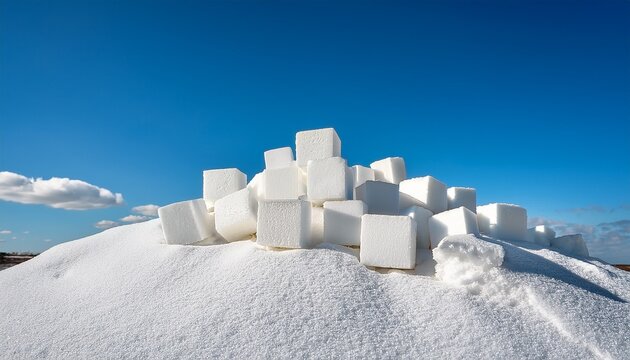 a minimalist landscape presents a stack of white cubes resembling salt or sugar against a clear blue sky evoking a sense of stark beauty and geometric precision