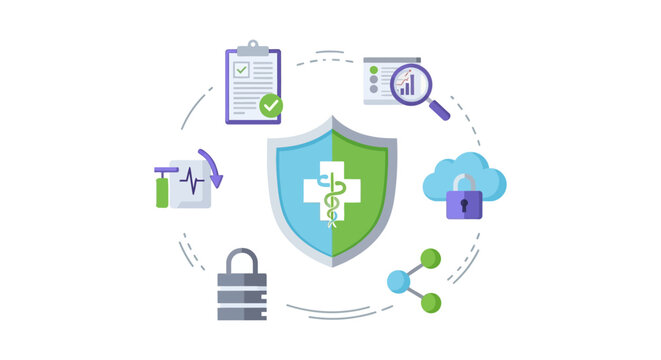 Healthcare Data Security & Privacy Concept with Medical Shield, Digital Records, Cloud Protection, and Information Management Icons
