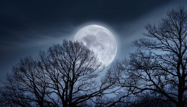 a radiant full moon shines behind the branches of barren trees casting an ethereal glow on the landscape the monochrome palette adds a timeless mysterious quality