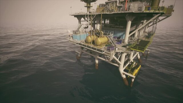 Offshore oil rig decommissioning assessment of exterior structure, emphasis on inspection, planning and logistics for removal, muted color palette and detailed