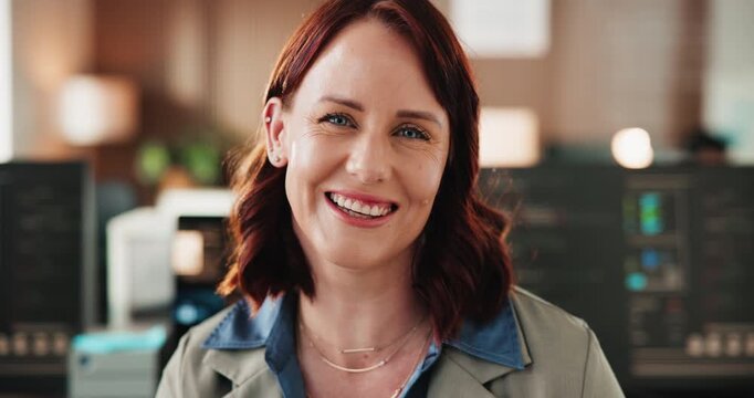 Smile, professional and face of businesswoman in office with confidence for coding career. Happy, opportunity and portrait of female web developer with pride for programming job development at agency