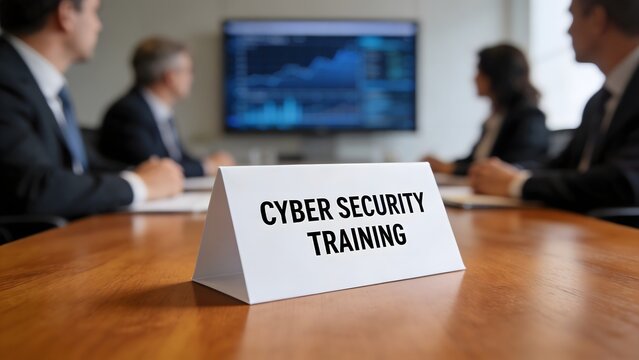 White tent card clearly indicating a mandatory cyber security training session for corporate professionals in attendance