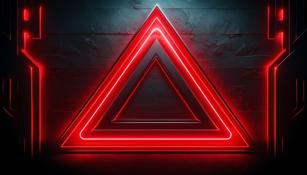 illuminated warning a red neon triangle glows intensely against a dark textured surface evoking themes of caution modern design and futuristic tech stark contrast neon