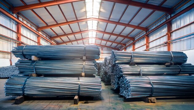 bundled aluminum rods organized in warehouse await remelting to produce foil alloys metal products in metallurgy industry ferric raw material supply storage on factory
