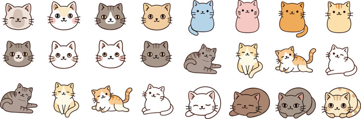 Obraz premium Cute Cartoon Cat Collection Set with Different Poses and Colors Isolated on White Background Vector Illustration