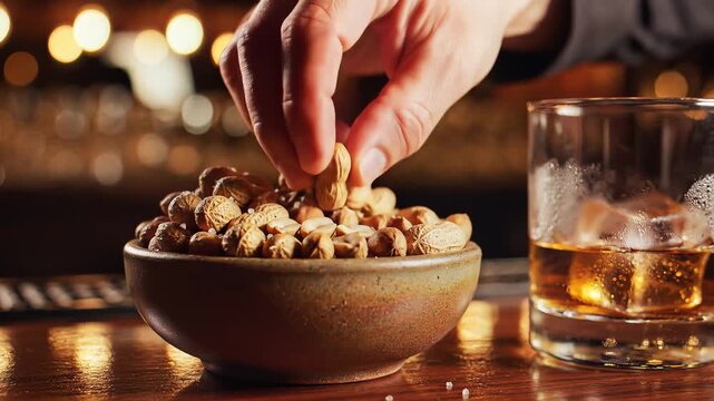 Close up of peanuts and beverage in glass on wooden surface with out of focus background