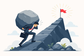 Businessman Carrying a Heavy Boulder on His Back While Climbing Steep Rocky Stairs Toward a Red Flag at the Mountain Peak, Concept of Overcoming Challenges, Hard Work, and Achieving Business Goals © JannatulFerdaus