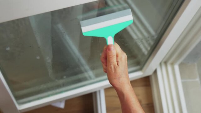 A person cleans a window with a green squeegee in a kitchen