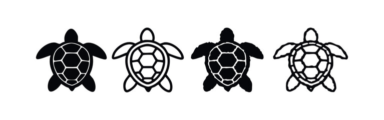 Obraz premium Collection of stylized black and white sea turtle icons, 3D perspective marine animal silhouettes in motion.