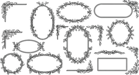 Floral frames vector set hand drawn rose leaves borders and corners isolated on transparent background