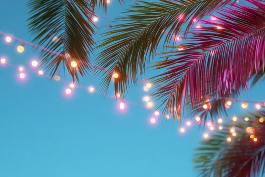 Palms and string lights against a clear blue sky tropical evening scene with colorful bokeh creating a festive summer ambience