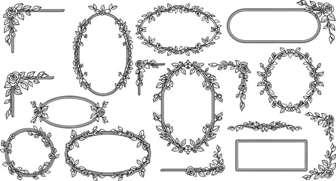 Floral frames vector set hand drawn rose leaves borders and corners isolated on transparent background