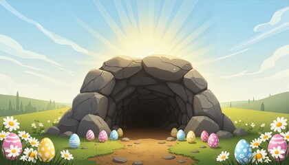 Naklejka premium Easter vector illustration. Empty tomb after the resurrection of Jesus Christ. 