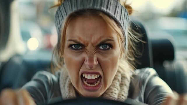 An angry female driver with contorted facial features and clenched hands on the steering wheel illustrates the problem of aggression on the roads, providing a vivid backdrop for social campaigns on ro