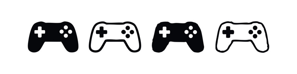 Game controller icons set. Video game gamepad symbol in flat, outline, and hand-drawn styles. © liubomir118809