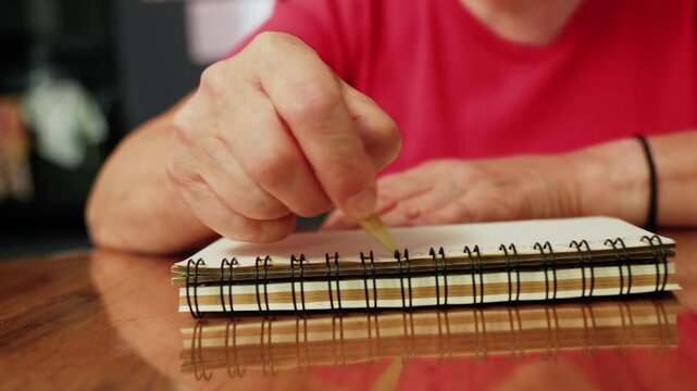 Hands write in a sketchbook on a wooden table during a creative moment at home in the afternoon