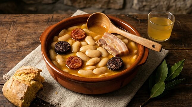 Hearty Asturian bean stew with creamy white faba beans, smoky chorizo, morcilla blood sausage, and pork belly in an earthenware bowl