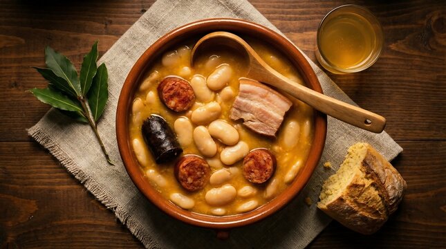 Hearty Asturian bean stew with creamy white faba beans, smoky chorizo, morcilla blood sausage, and pork belly in an earthenware bowl