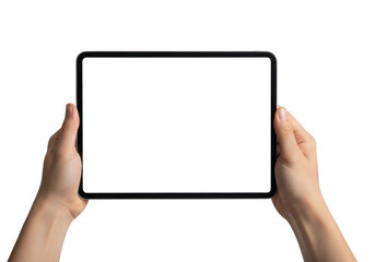 Two hands holding a blank tablet device against a plain background