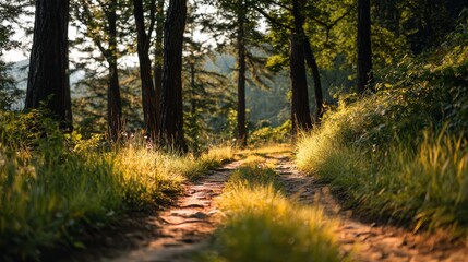 Obraz premium Serene Nature Trail Surrounded by Lush Green Trees, Sunlight Filtering Through Leaves, Peaceful Pathway in Forested Landscape