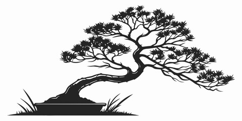 A majestic black and white illustration of a lone tree standing on a grassy hill © Mamun