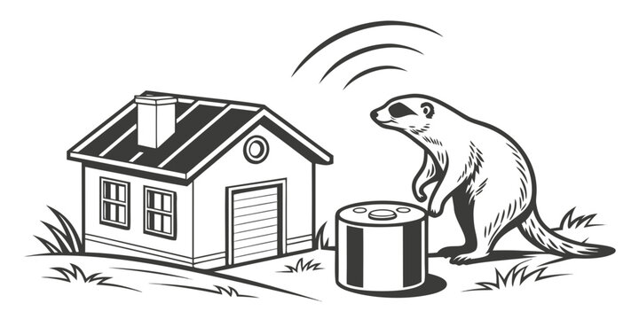 A beaver using a modern toilet outside a house with a satellite dish