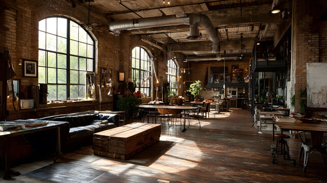A spacious industrial loft with exposed brick walls, high ceilings, and adaptive reuse furniture. A mix of vintage pieces and modern metalwork. Large industrial windows, open floor plan, and a curated