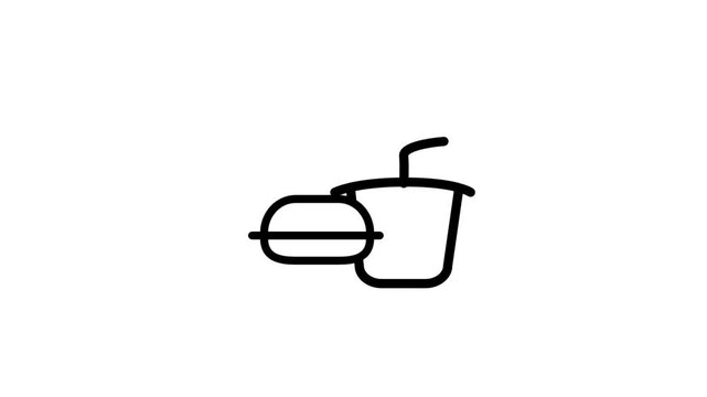 A simple line drawing depicts a hamburger next to a cup with a straw to represent a fast food meal or a casual snack combo available for order