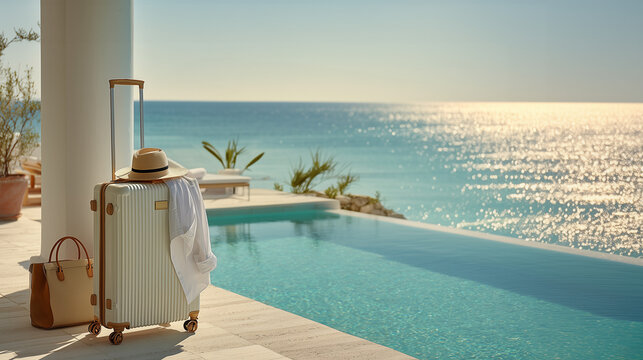rolling suitcase placed a pool resort overlooking the ocean, white shirt over the handle, a hat, a bag neatly, a travel campaign.