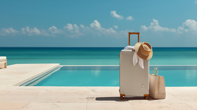 rolling suitcase placed a pool resort overlooking the ocean, white shirt over the handle, a hat, a bag neatly, a travel campaign.