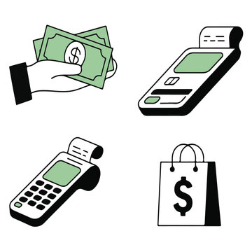 Set of payment methods including hand holding cash pos terminal with receipt and shopping bag with dollar sign for finance and retail
