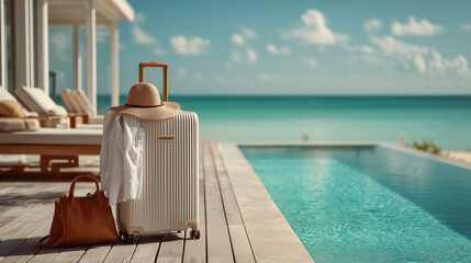 Fototapeta premium rolling suitcase placed a pool resort overlooking the ocean, white shirt over the handle, a hat, a bag neatly, a travel campaign.