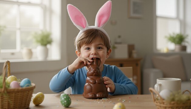 Little cute boy wearing bunny ears eating chocolate easter bunny while sitting at table at home.
