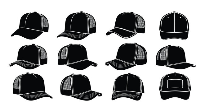 Collection of black baseball caps in various styles and perspectives