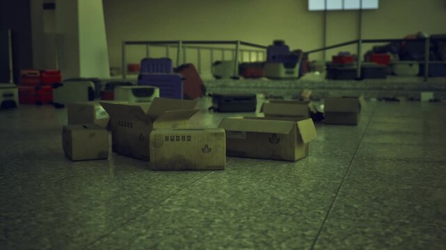 Scattered cardboard boxes on concrete under harsh fluorescent light wide open sorting hall with labeled parcels, marked pallets and dusty floor, industrial