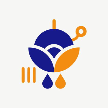 A blue and orange logo with a leaf and water droplets