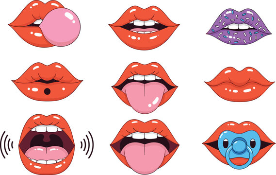 Pop Art Female Lips Collection with Bubble Gum, Glitter, Piercing, Tongue Out and Pacifier Expressions in Cartoon Vector Illustration Set