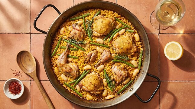 Traditional Paella Valenciana Overhead View in Carbon Steel Pan on Rustic Terracotta Surface