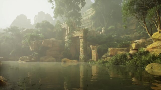 Soft light through jungle archway ruins, filtered beams revealing textured entrance, overgrown stone pathway, reflective pool beneath arch, intimate mood