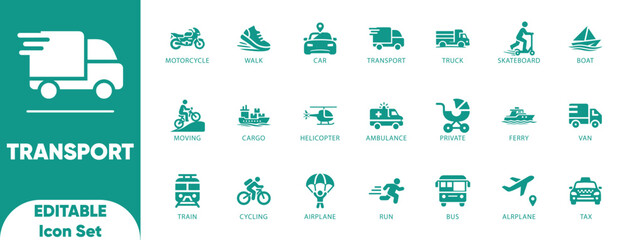 Transport editable Icon Set. car, motorcycle transportation, scooter, walk, bus,boat, taxi, and solid icons.