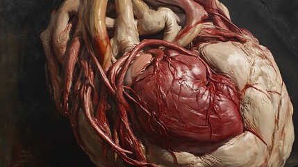 Detailed anatomical painting of a human heart showcasing veins and arteries in a realistic style with a dark background.